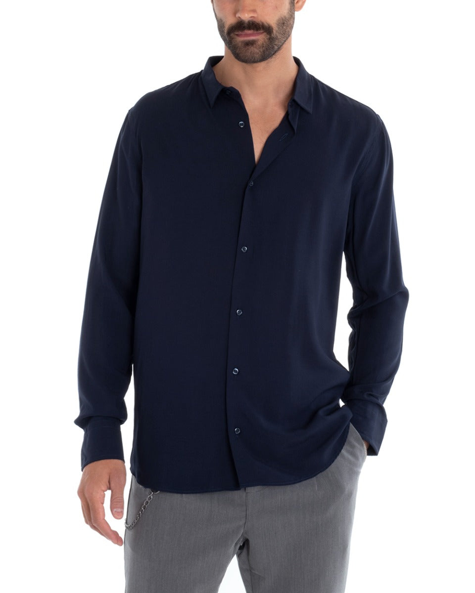 Men's Tailored Shirt With Collar Long Sleeve Basic Soft Viscose Blue GIOSAL-C2361A
