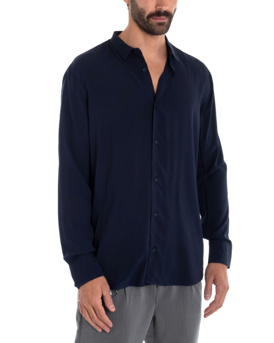 Camicia Uomo Sartoriale Con Colletto Manica Lunga Basic Viscosa Morbida Blu GIOSAL-C2361A