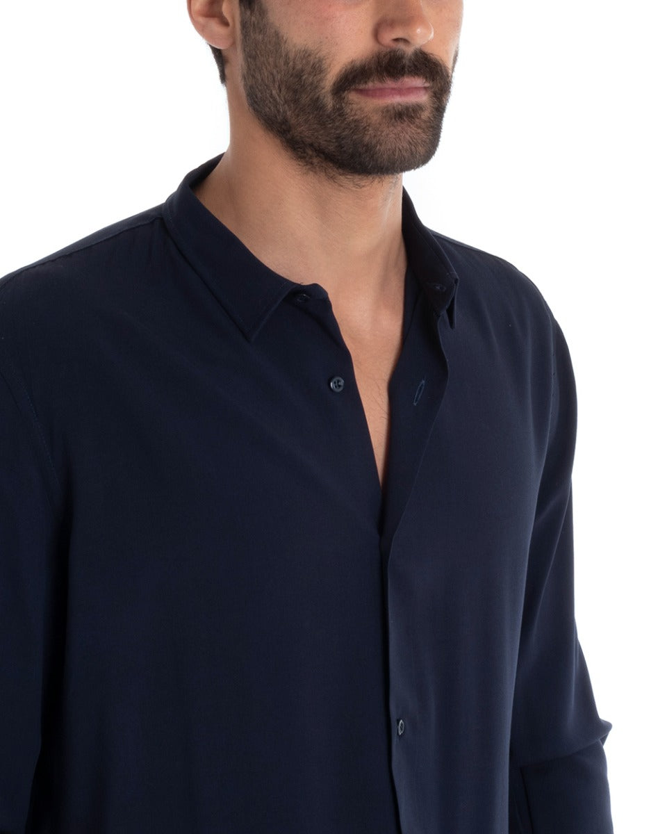 Men's Tailored Shirt With Collar Long Sleeve Basic Soft Viscose Blue GIOSAL-C2361A