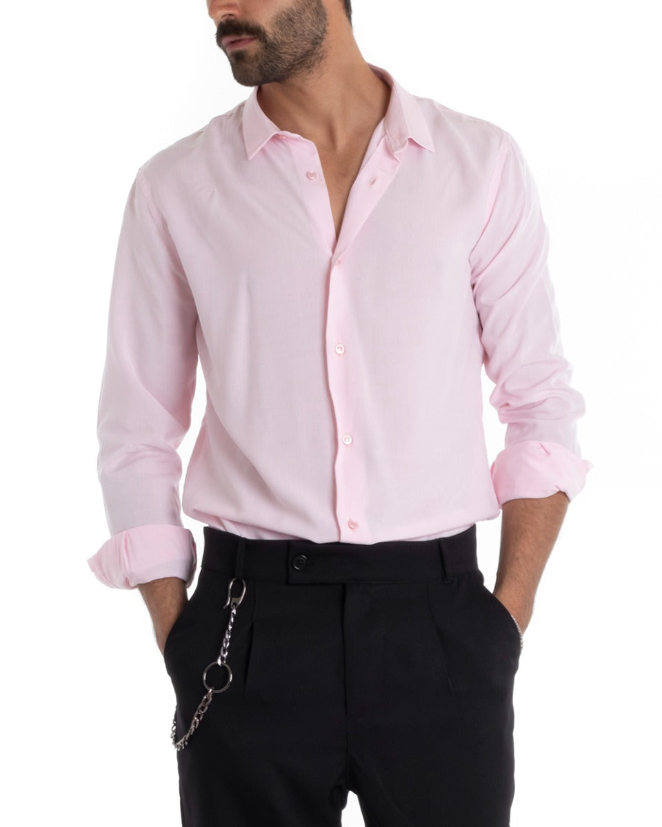 Men's Tailored Shirt With Collar Long Sleeve Basic Soft Viscose Pink GIOSAL-C2363A