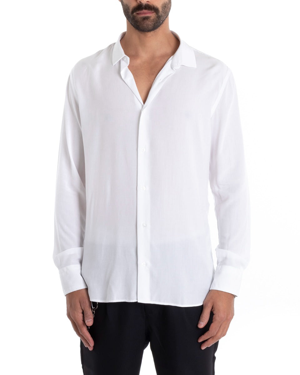 Men's Tailored Shirt With Collar Long Sleeve Basic Soft Viscose White GIOSAL-C2364A