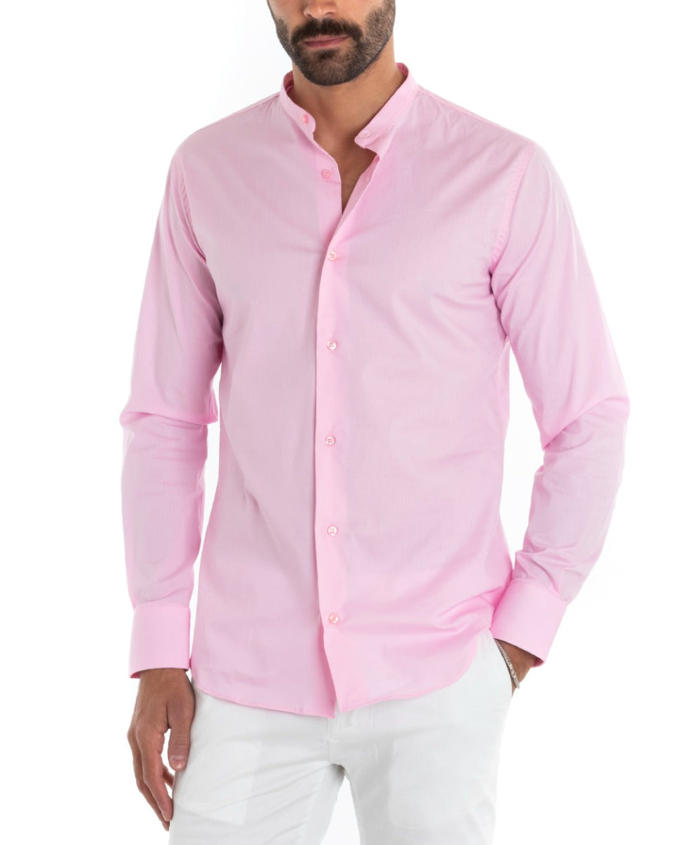 Men's Tailored Shirt Korean Collar Long Sleeve Basic Soft Cotton Pink Regular Fit GIOSAL-C2371A