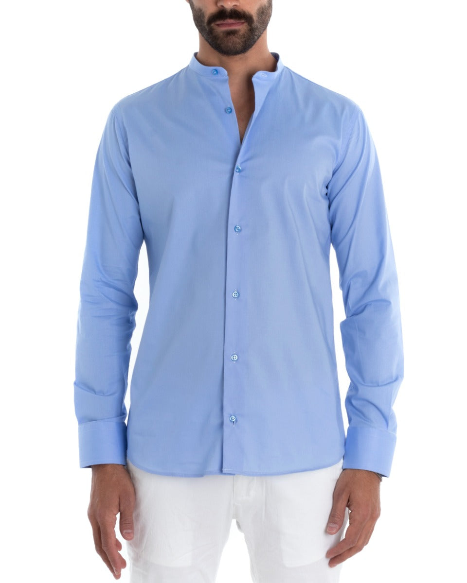 Men's Tailored Shirt Korean Collar Long Sleeve Basic Soft Cotton Light Blue Regular Fit GIOSAL-C2372A