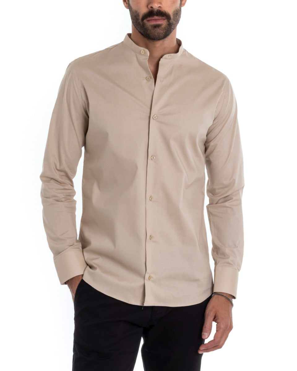 Men's Tailored Shirt Korean Collar Long Sleeve Basic Soft Cotton Beige Regular Fit GIOSAL-C2373A