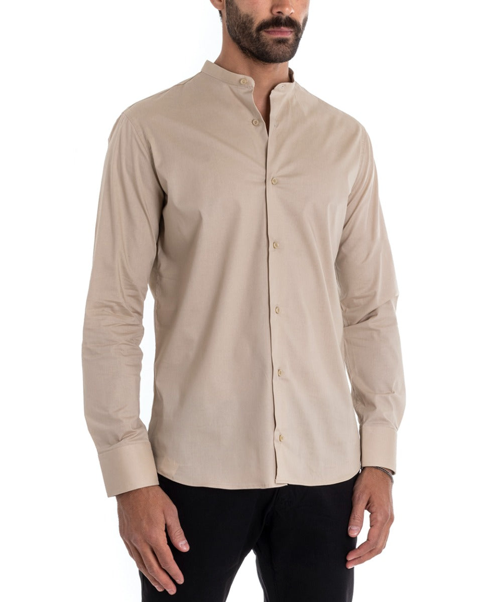 Men's Tailored Shirt Korean Collar Long Sleeve Basic Soft Cotton Beige Regular Fit GIOSAL-C2373A
