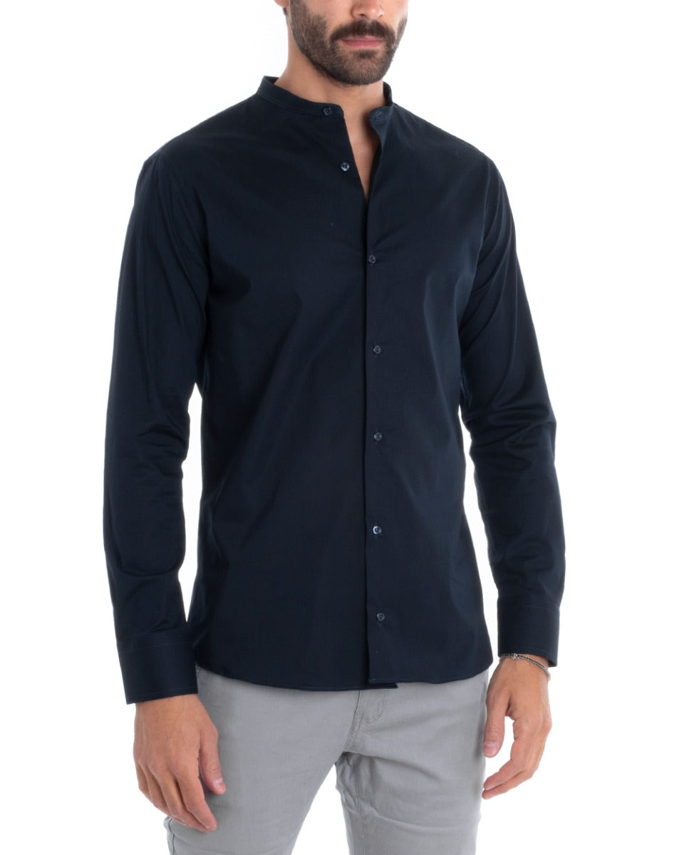 Camicia Uomo Sartoriale Collo Coreano Manica Lunga Basic Cotone Morbido Blu Regular Fit GIOSAL-C2374A