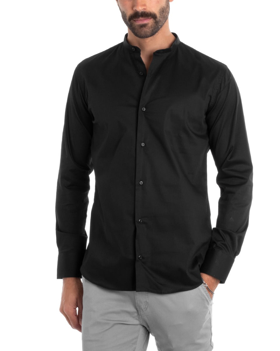 Men's Tailored Shirt Korean Collar Long Sleeve Basic Soft Cotton Black Regular Fit GIOSAL-C2375A