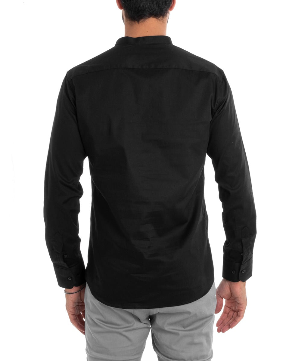 Men's Tailored Shirt Korean Collar Long Sleeve Basic Soft Cotton Black Regular Fit GIOSAL-C2375A