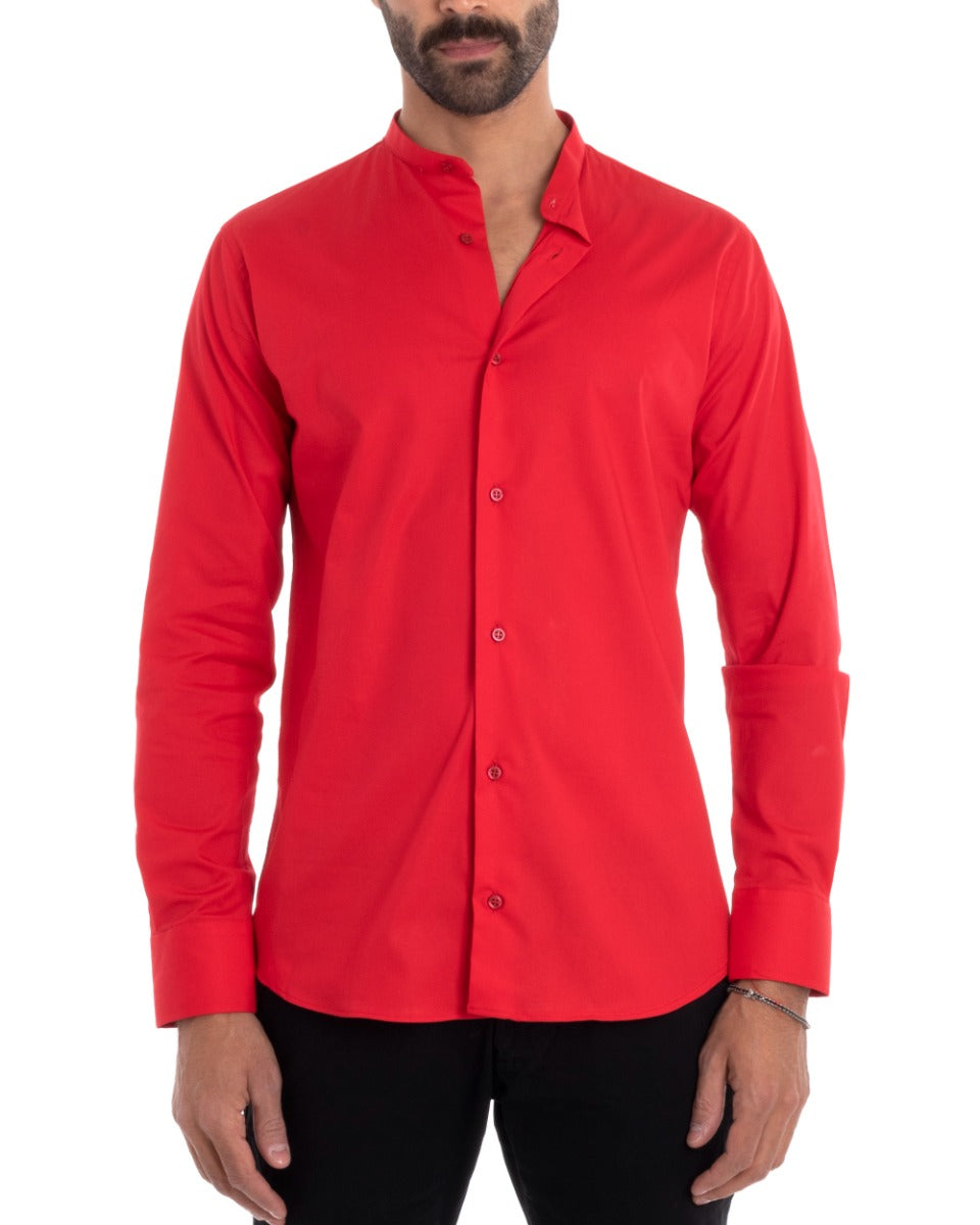 Men's Tailored Shirt Korean Collar Long Sleeve Basic Soft Cotton Red Regular Fit GIOSAL-C2376A