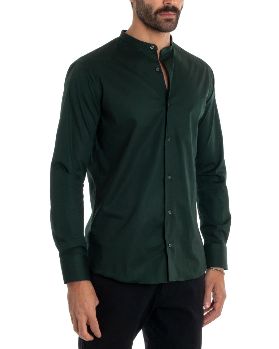 Men's Tailored Shirt Korean Collar Long Sleeve Basic Soft Cotton Bottle Green Regular Fit GIOSAL-C2378A