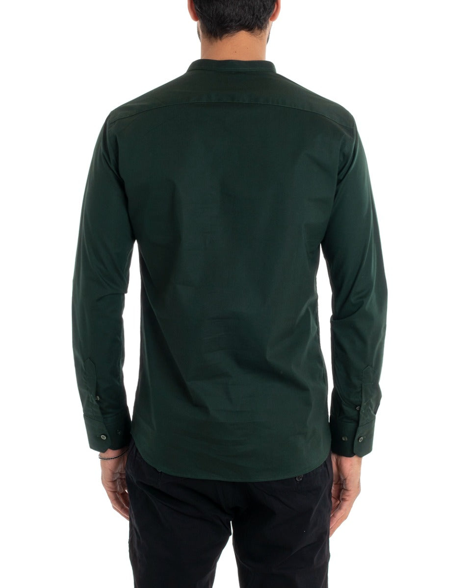Men's Tailored Shirt Korean Collar Long Sleeve Basic Soft Cotton Bottle Green Regular Fit GIOSAL-C2378A
