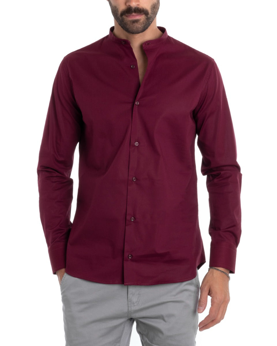 Men's Tailored Shirt Korean Collar Long Sleeve Basic Soft Cotton Bordeaux Regular Fit GIOSAL-C2379A