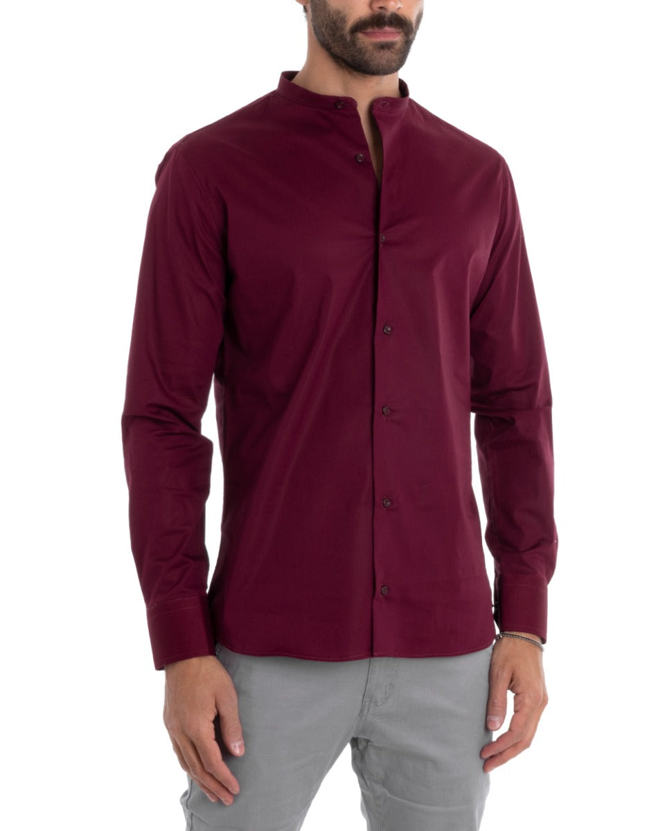 Men's Tailored Shirt Korean Collar Long Sleeve Basic Soft Cotton Bordeaux Regular Fit GIOSAL-C2379A