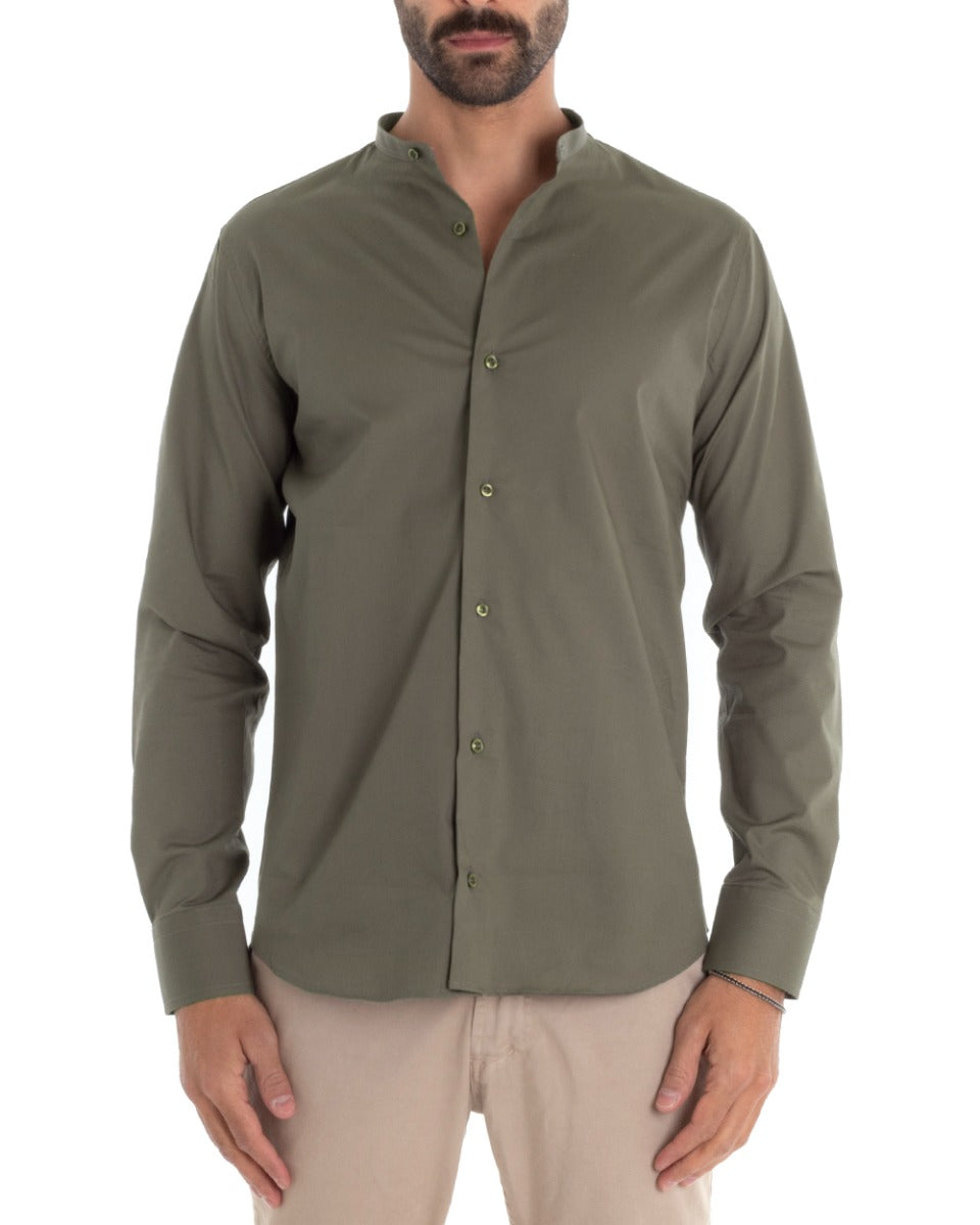 Men's Tailored Shirt Korean Collar Long Sleeve Basic Soft Cotton Military Green Regular Fit GIOSAL-C2380A