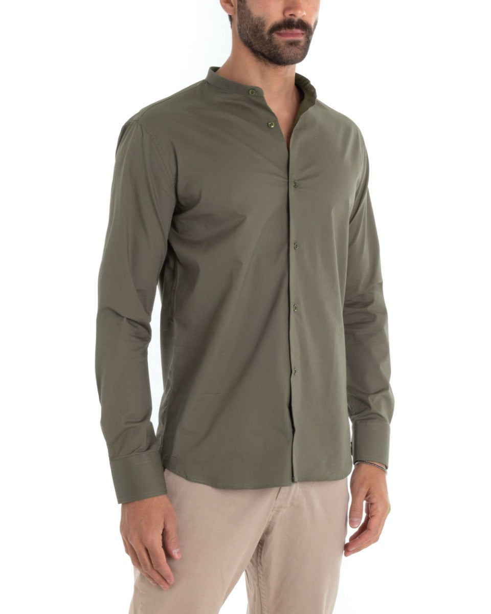 Men's Tailored Shirt Korean Collar Long Sleeve Basic Soft Cotton Military Green Regular Fit GIOSAL-C2380A