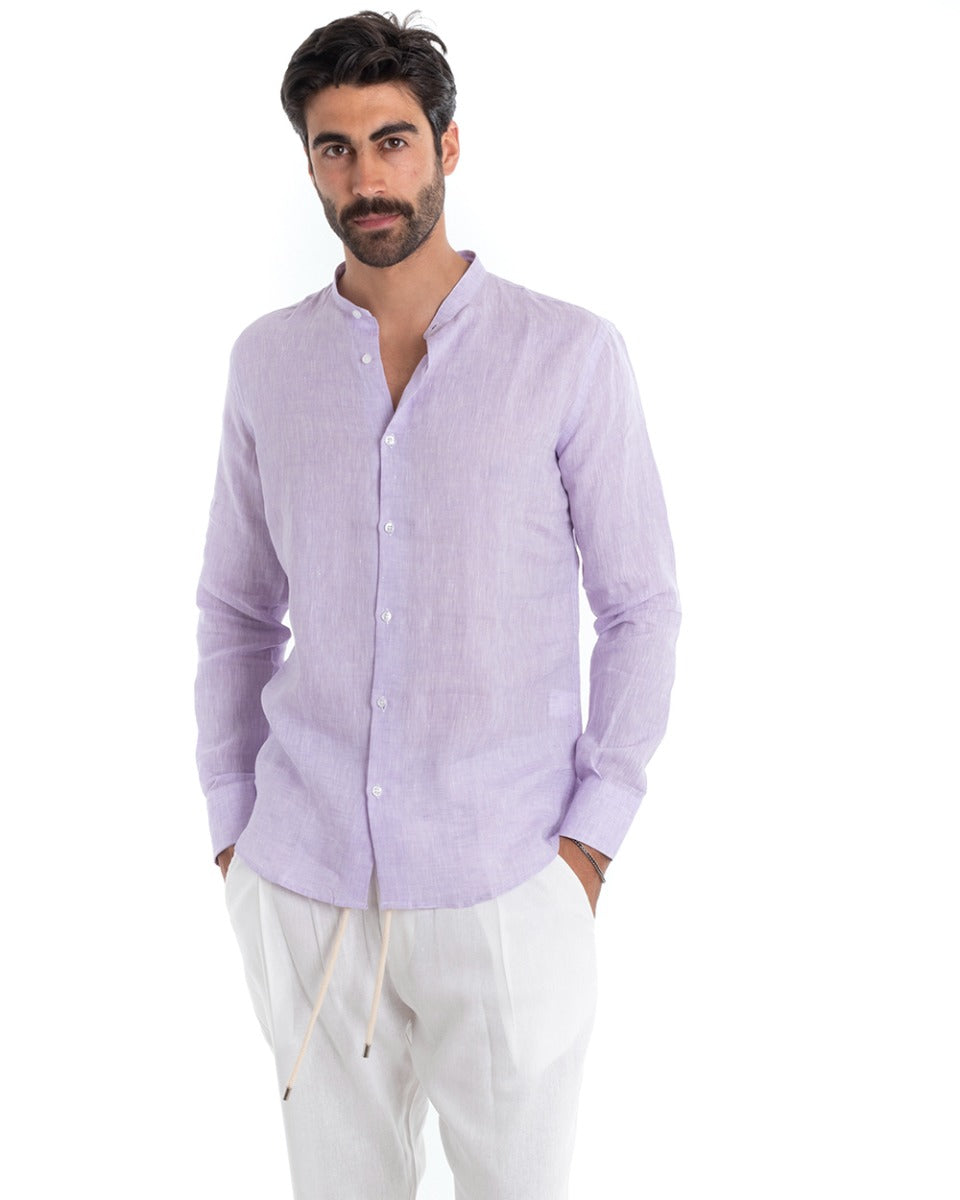 Men's Mandarin Collar Shirt Long Sleeve Regular Fit Tailored Melange Linen Lilac GIOSAL-C2381A