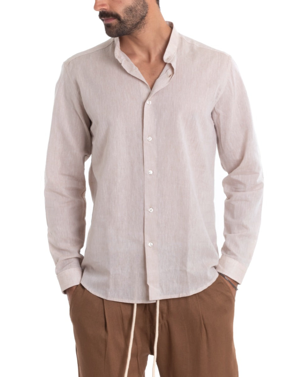 Men's Mandarin Collar Shirt Long Sleeve Regular Fit Tailored Melange Linen Beige GIOSAL-C2383A