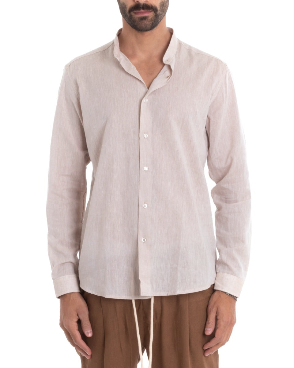 Men's Mandarin Collar Shirt Long Sleeve Regular Fit Tailored Melange Linen Beige GIOSAL-C2383A