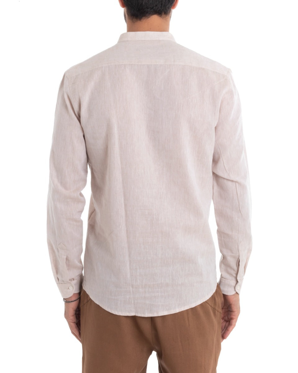 Camicia Uomo Collo Coreano Manica Lunga Regular Fit Lino Melangiata Sartoriale Beige GIOSAL-C2383A
