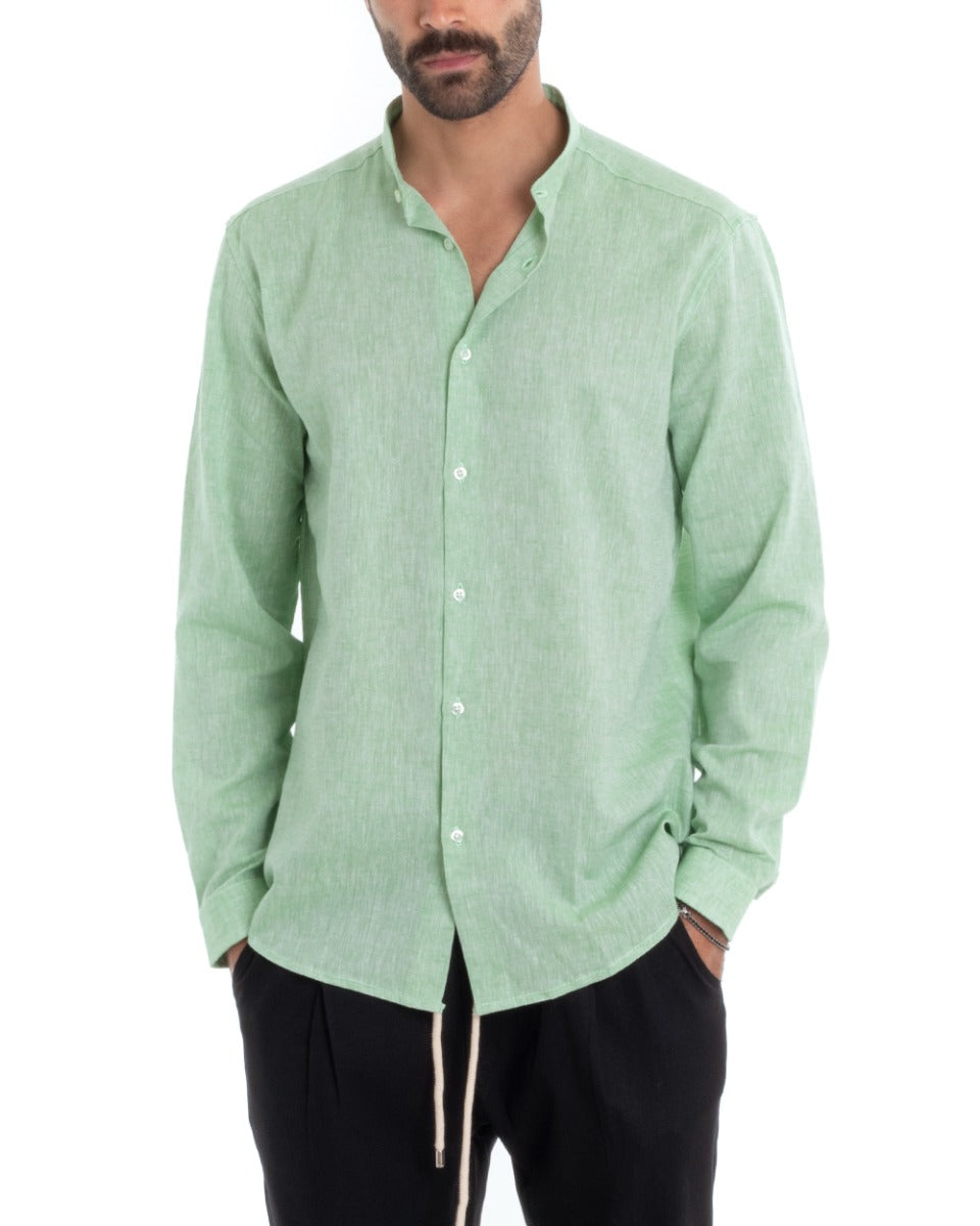 Camicia Uomo Collo Coreano Maniche Lunghe Regular Fit Lino Melangiata Sartoriale Verde GIOSAL-C2384A
