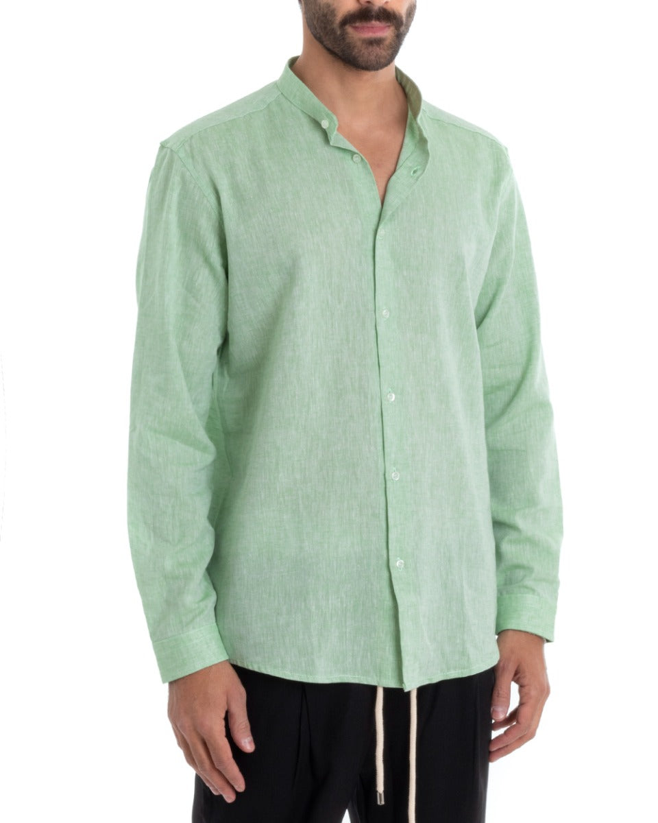 Camicia Uomo Collo Coreano Maniche Lunghe Regular Fit Lino Melangiata Sartoriale Verde GIOSAL-C2384A