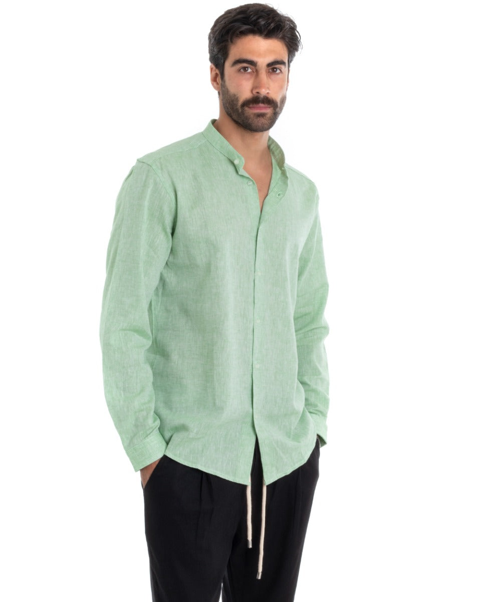 Men's Mandarin Collar Shirt Long Sleeve Regular Fit Tailored Melange Linen Green GIOSAL-C2384A