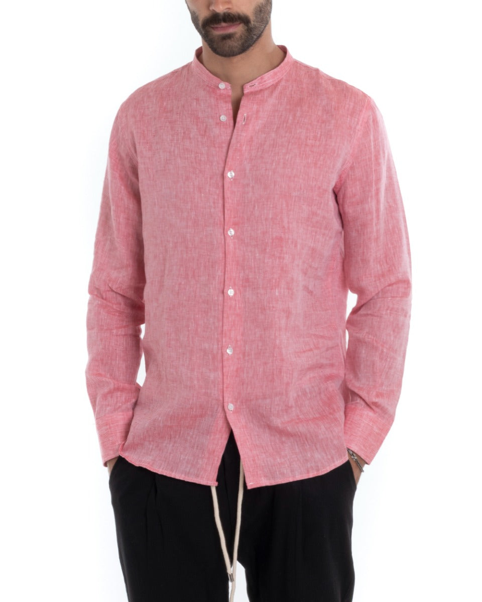 Men's Mandarin Collar Shirt Long Sleeve Regular Fit Tailored Melange Linen Red GIOSAL-C2385A