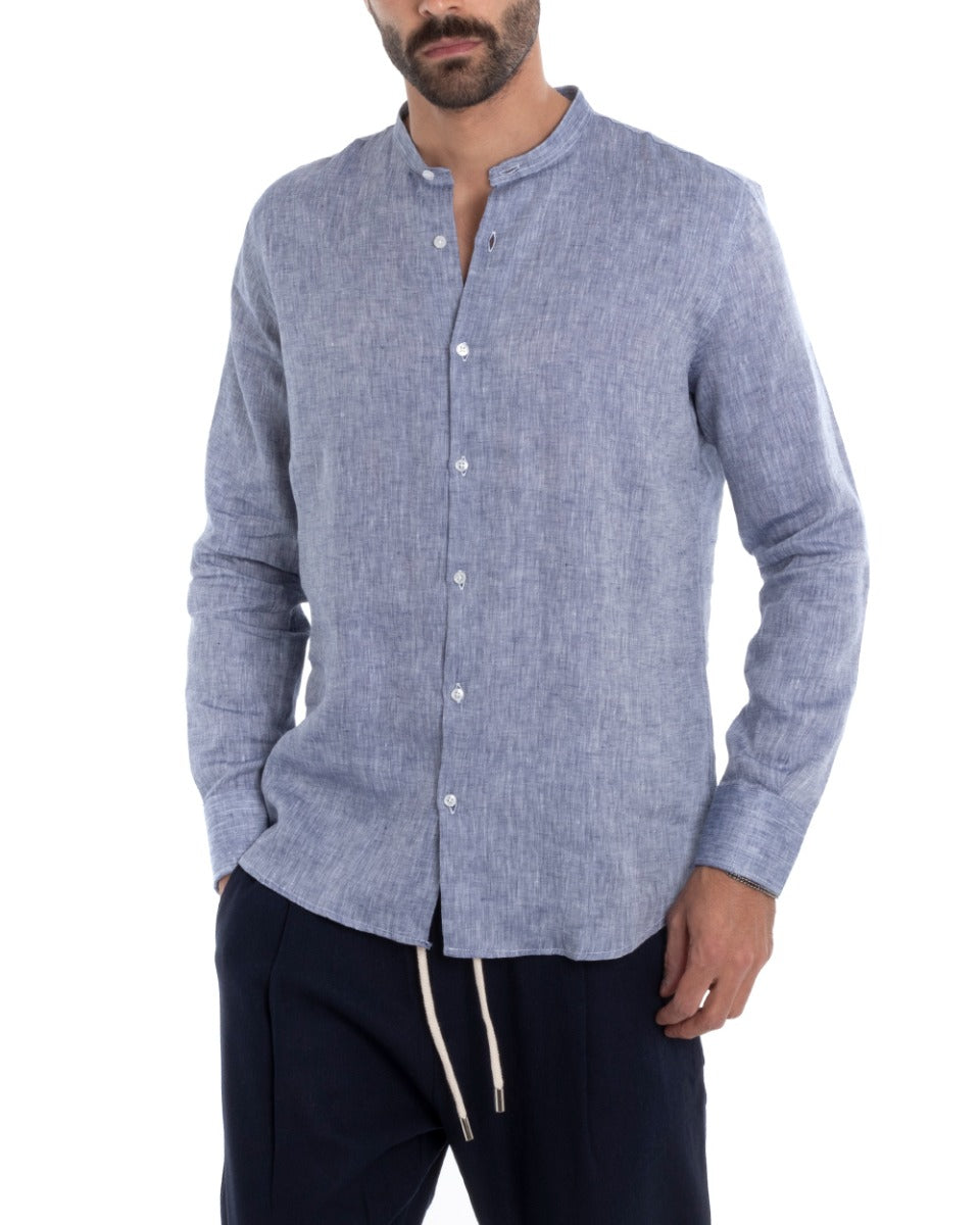 Camicia Uomo Collo Coreano Manica Lunga Regular Fit Lino Melangiata Sartoriale Blu GIOSAL-C2387A