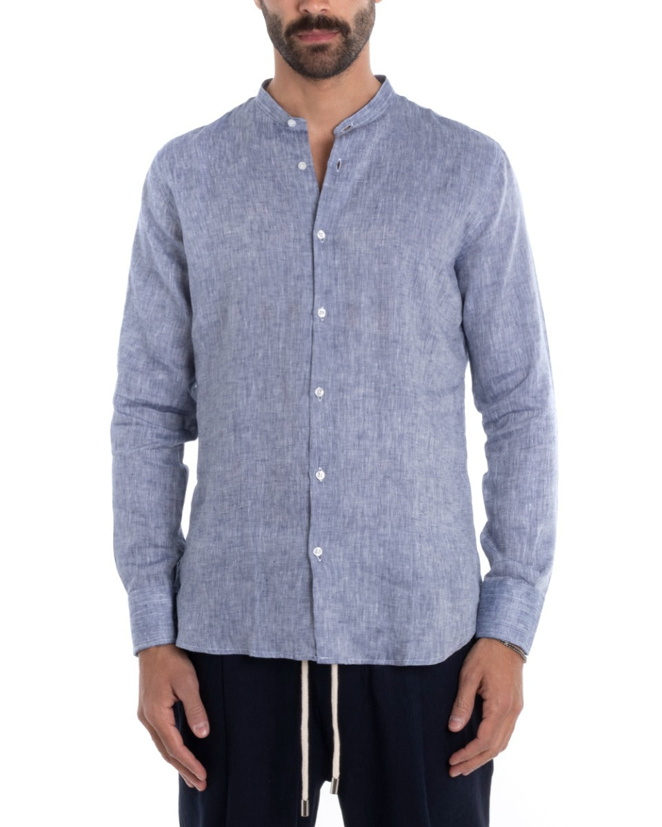 Men's Mandarin Collar Shirt Long Sleeve Regular Fit Tailored Melange Linen Blue GIOSAL-C2387A