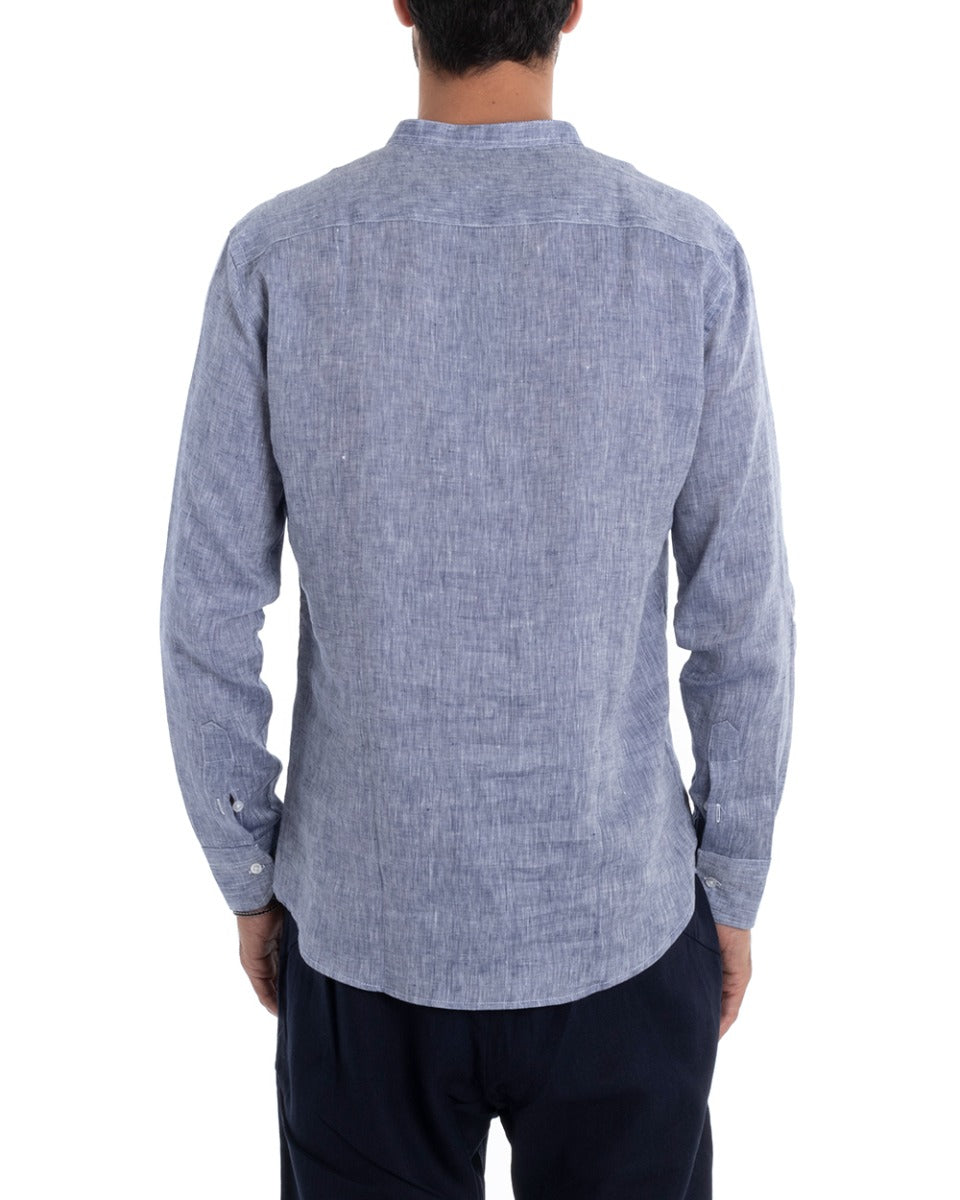 Men's Mandarin Collar Shirt Long Sleeve Regular Fit Tailored Melange Linen Blue GIOSAL-C2387A
