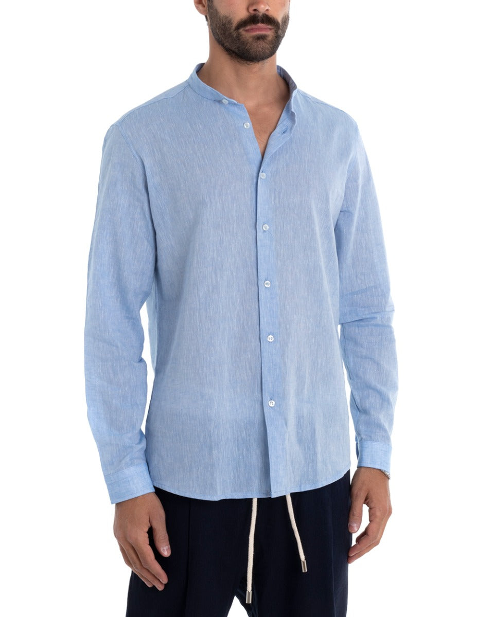 Men's Mandarin Collar Shirt Long Sleeve Regular Fit Tailored Melange Linen Light Blue GIOSAL-C2388A