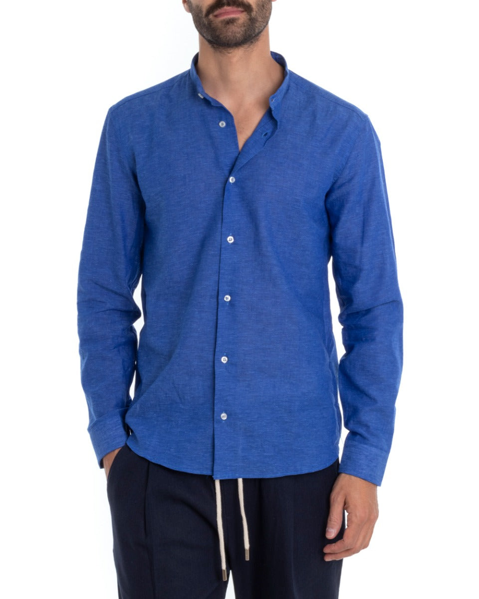 Camicia Uomo Collo Coreano Manica Lunga Regular Fit Lino Melangiata Sartoriale Blu Royal GIOSAL-C2389A