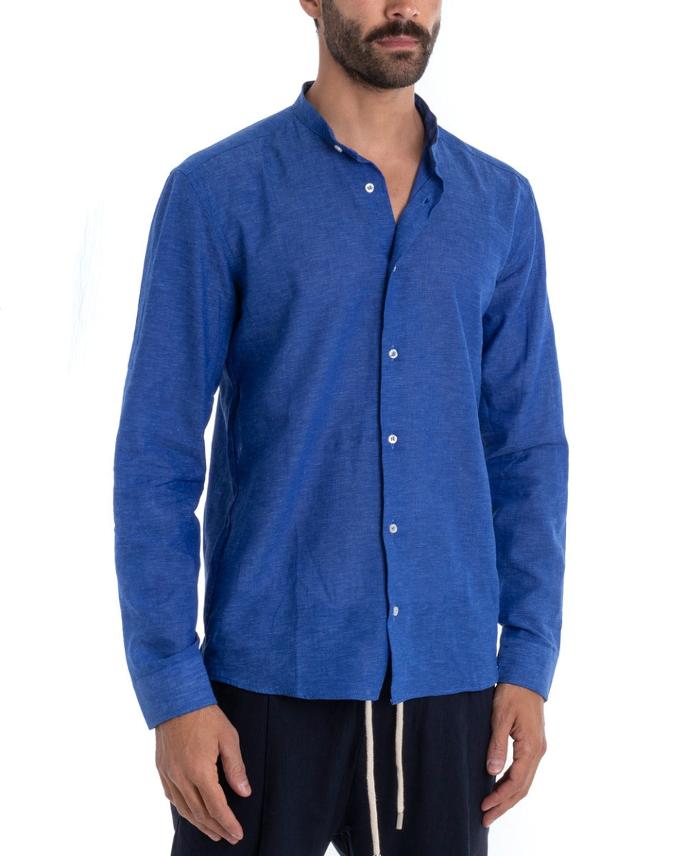 Men's Mandarin Collar Shirt Long Sleeve Regular Fit Tailored Melange Linen Royal Blue GIOSAL-C2389A