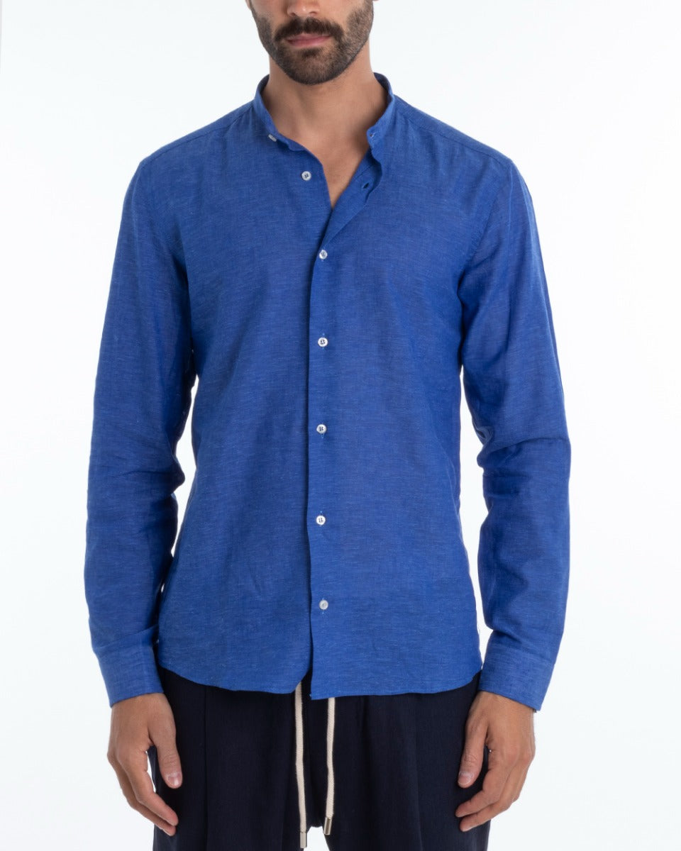 Camicia Uomo Collo Coreano Manica Lunga Regular Fit Lino Melangiata Sartoriale Blu Royal GIOSAL-C2389A