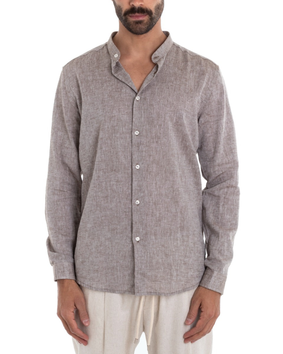 Men's Mandarin Collar Shirt Long Sleeve Regular Fit Tailored Melange Linen Mud GIOSAL-C2390A