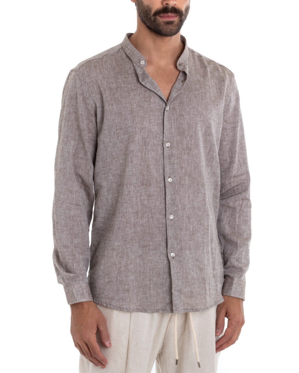 Men's Mandarin Collar Shirt Long Sleeve Regular Fit Tailored Melange Linen Mud GIOSAL-C2390A
