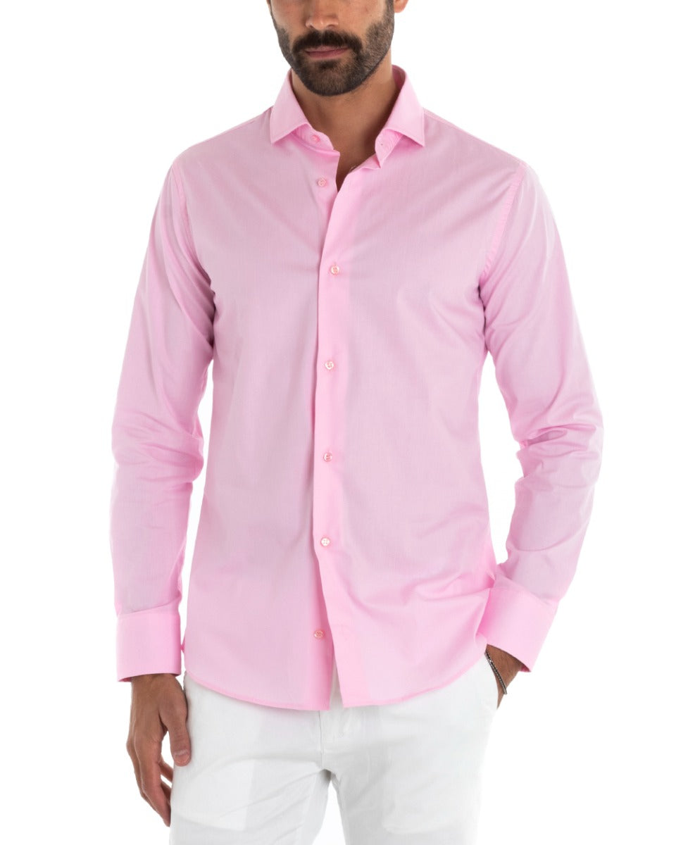 Men's Tailored Shirt With Collar Long Sleeve Basic Soft Cotton Pink Regular Fit GIOSAL-C2392A