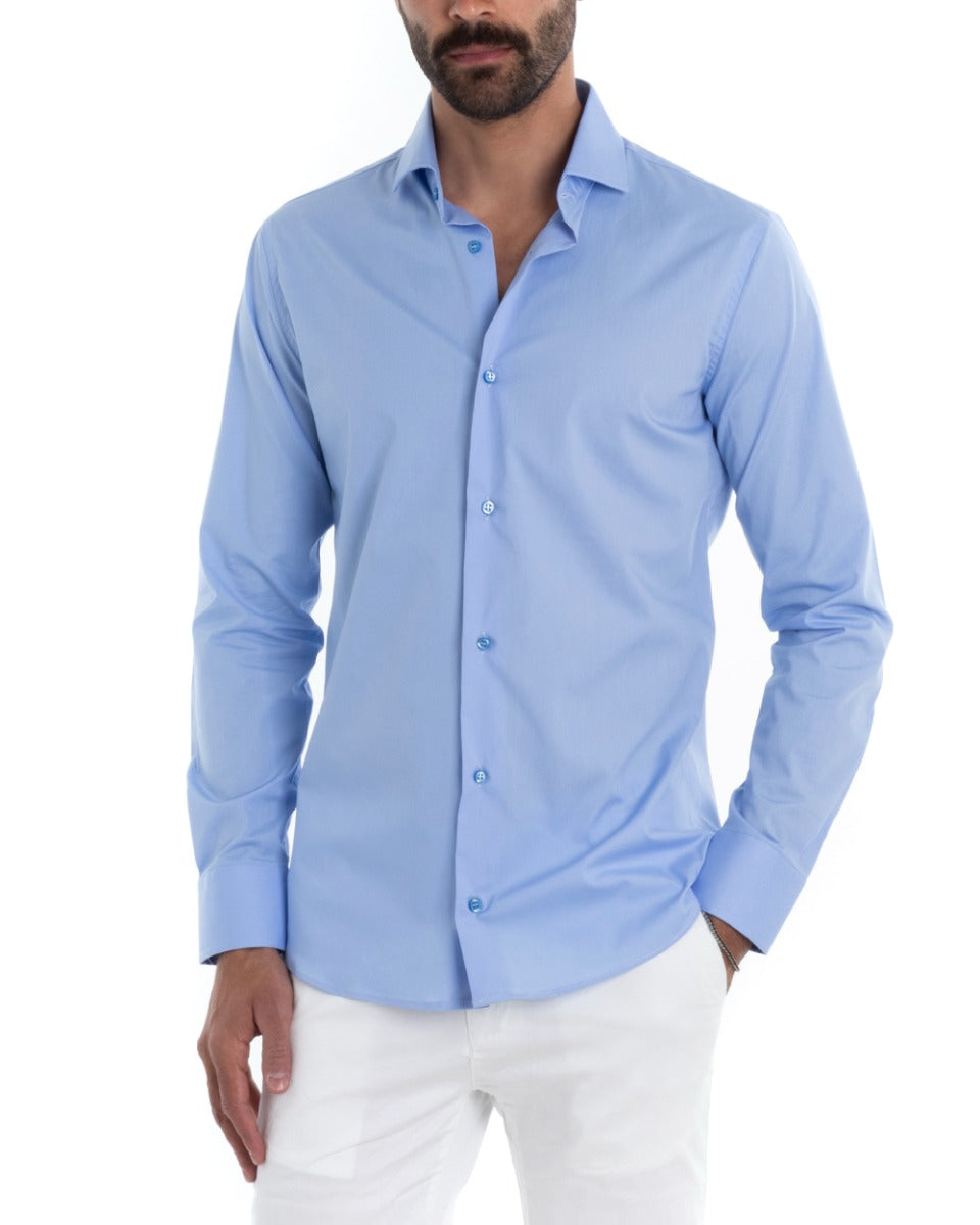 Men's Tailored Shirt With Collar Long Sleeve Basic Soft Cotton Light Blue Regular Fit GIOSAL-C2393A