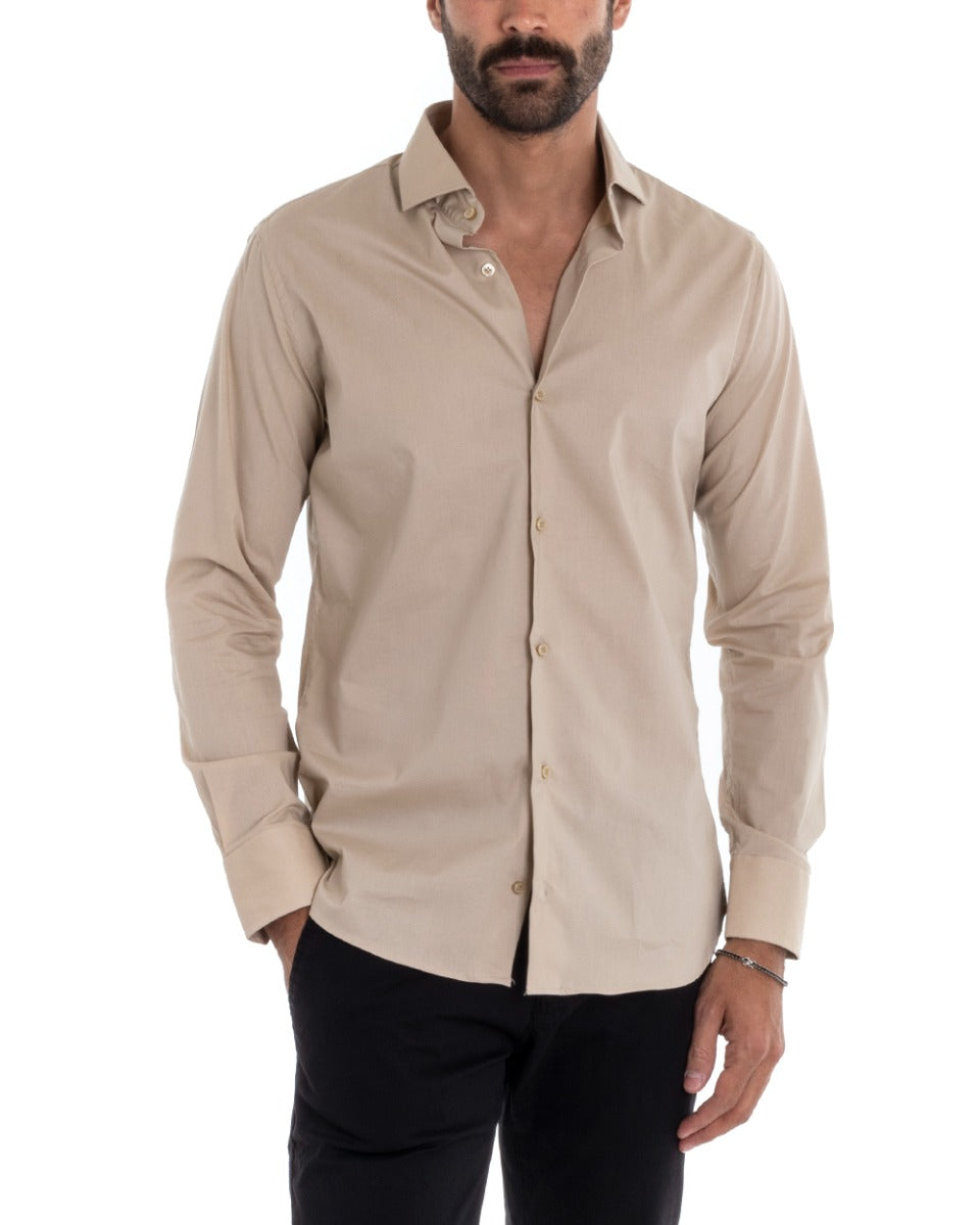 Camicia Uomo Sartoriale Con Colletto Manica Lunga Basic Cotone Morbido Beige Regular Fit GIOSAL-C2394A