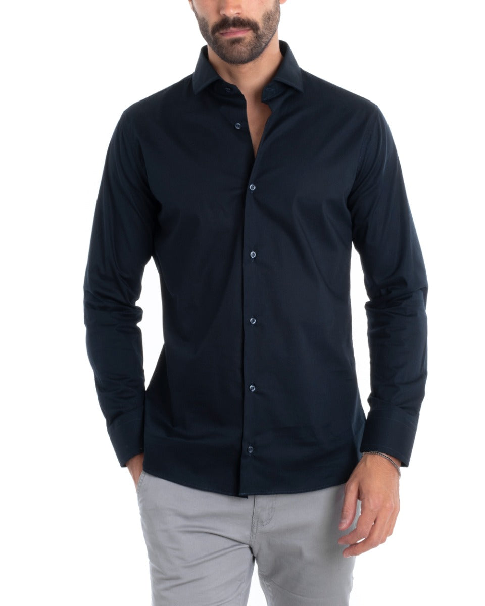 Men's Tailored Shirt With Collar Long Sleeve Basic Soft Cotton Blue Regular Fit GIOSAL-C2395A