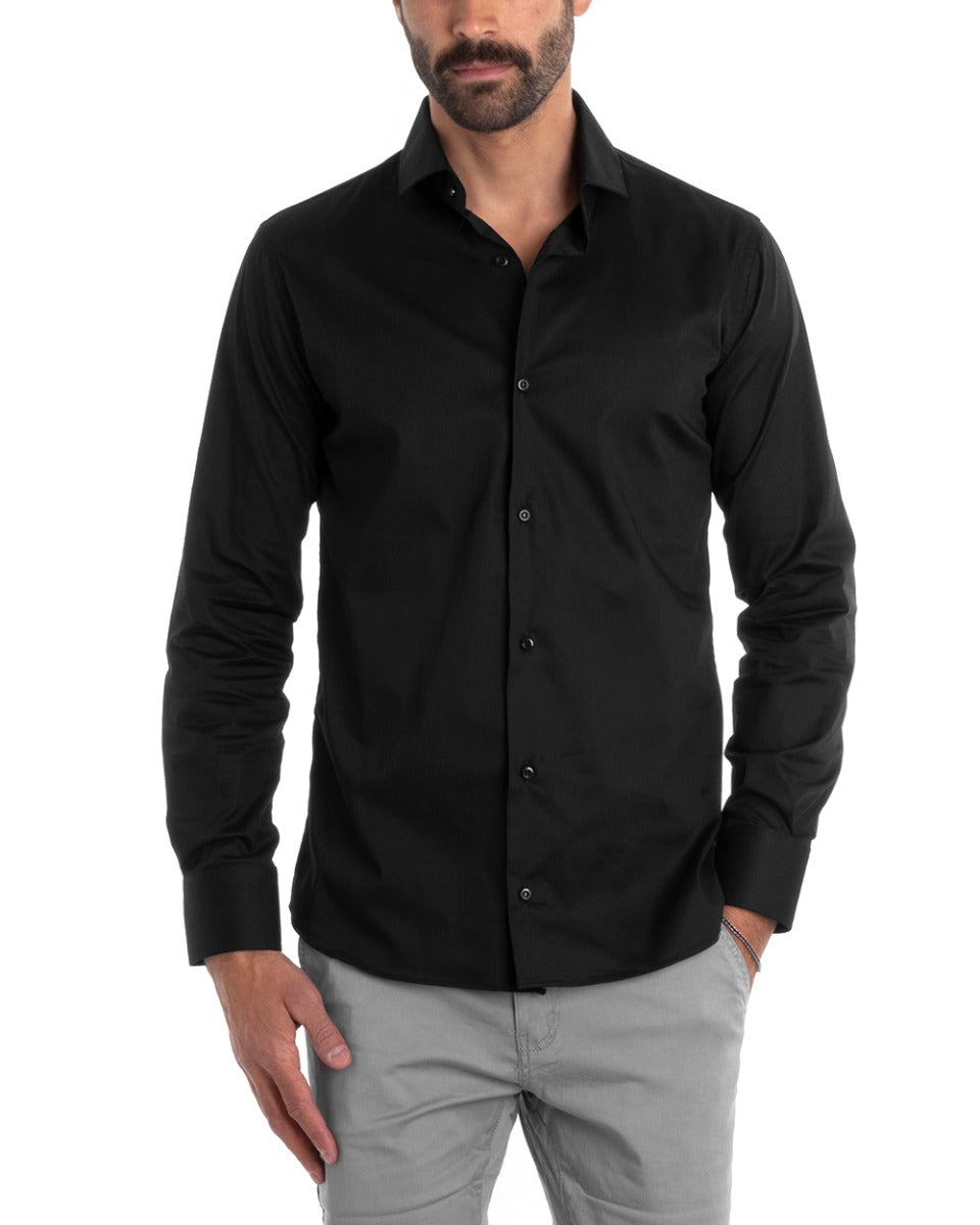 Men's Tailored Shirt With Collar Long Sleeve Basic Soft Cotton Black Regular Fit GIOSAL-C2396A