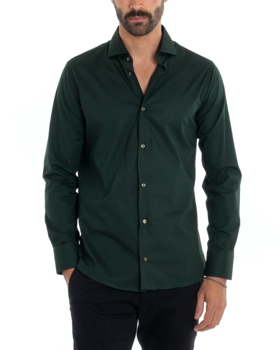 Men's Tailored Shirt With Collar Long Sleeve Basic Soft Cotton Bottle Green Regular Fit GIOSAL-C2399A