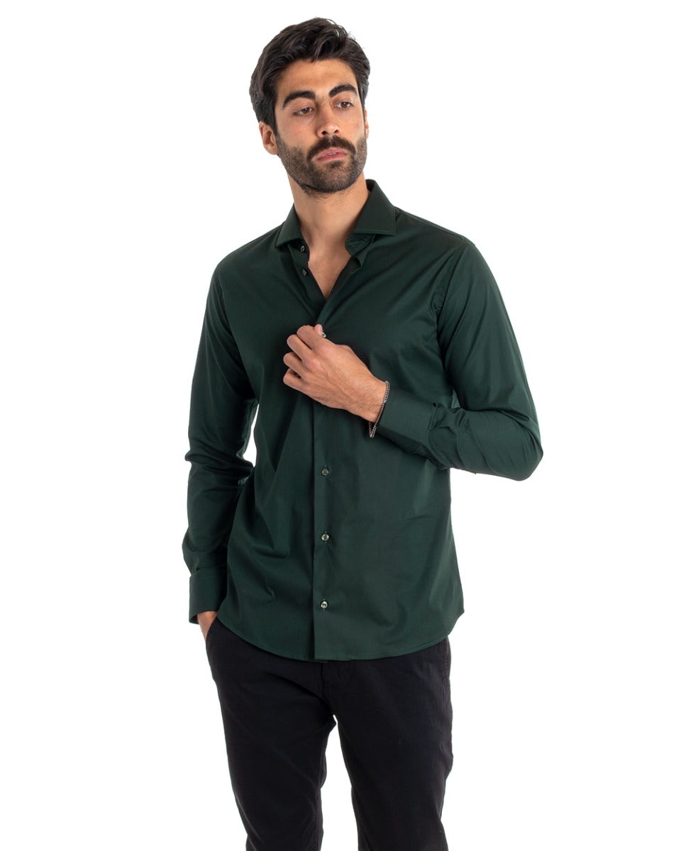 Men's Tailored Shirt With Collar Long Sleeve Basic Soft Cotton Bottle Green Regular Fit GIOSAL-C2399A