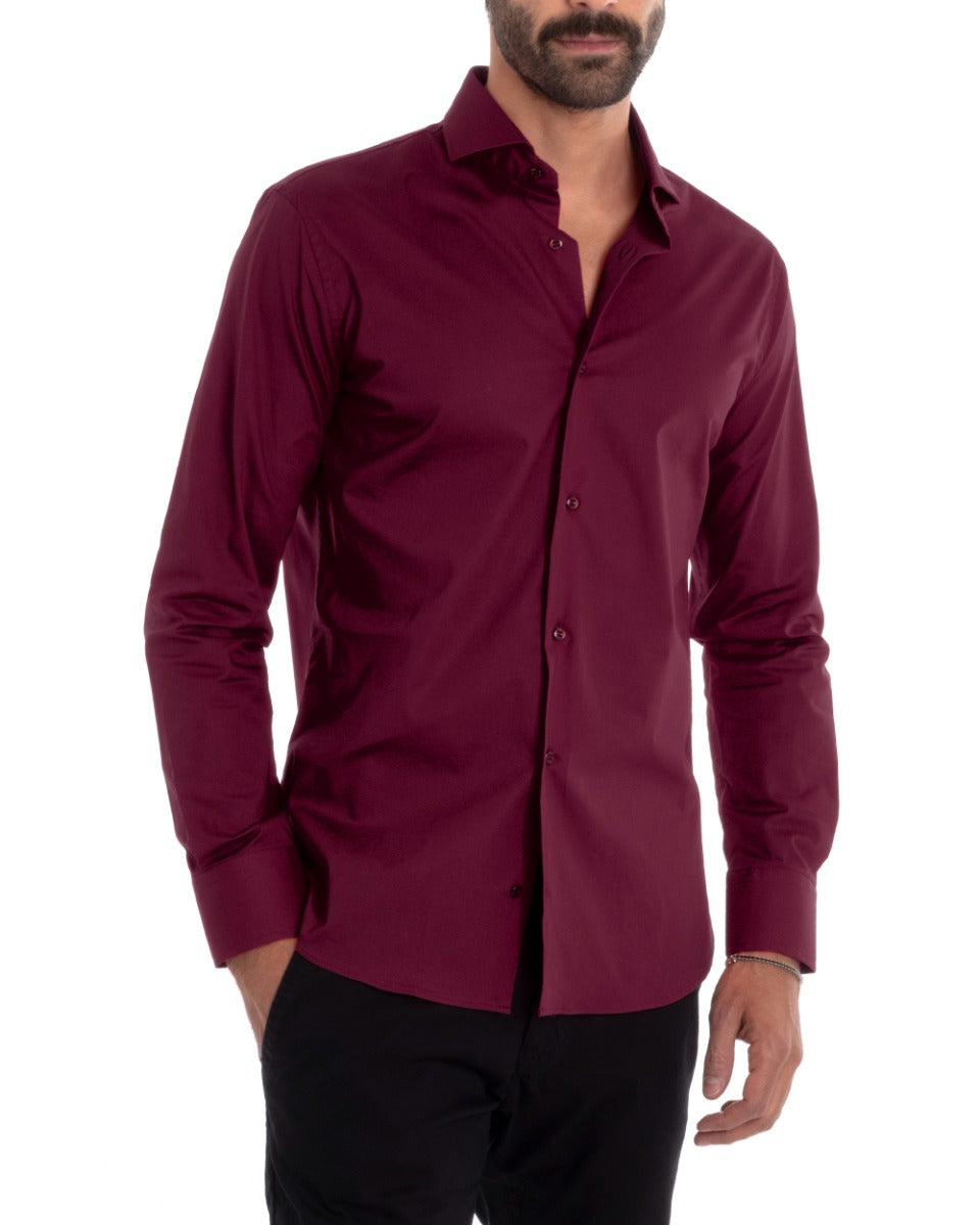 Men's Tailored Shirt With Collar Long Sleeve Basic Soft Cotton Bordeaux Regular Fit GIOSAL-C2400A