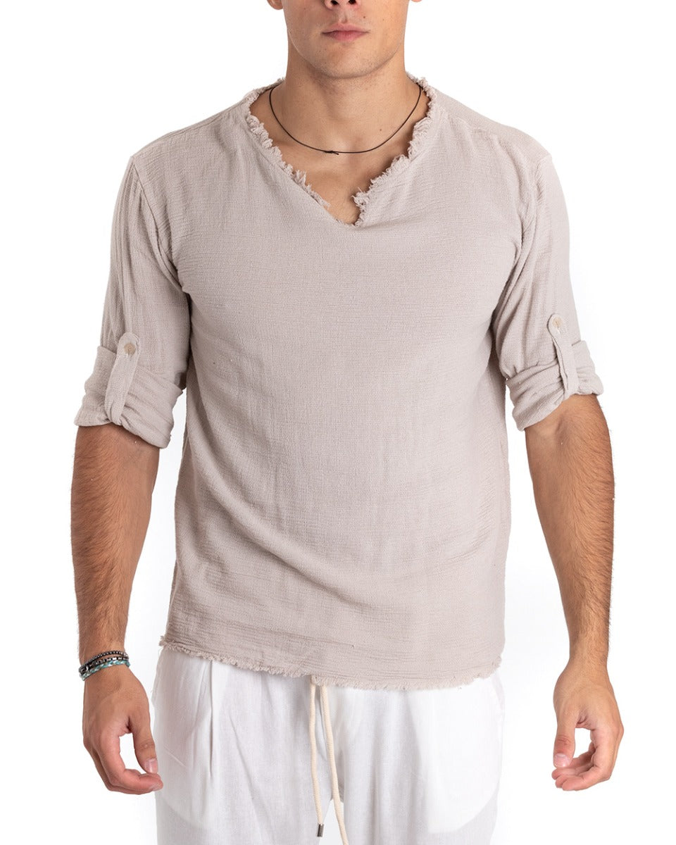 Camicia Uomo Collo V Manica Lunga Regular Fit Cotone Lino Sfrangiata Beige GIOSAL-C2405A