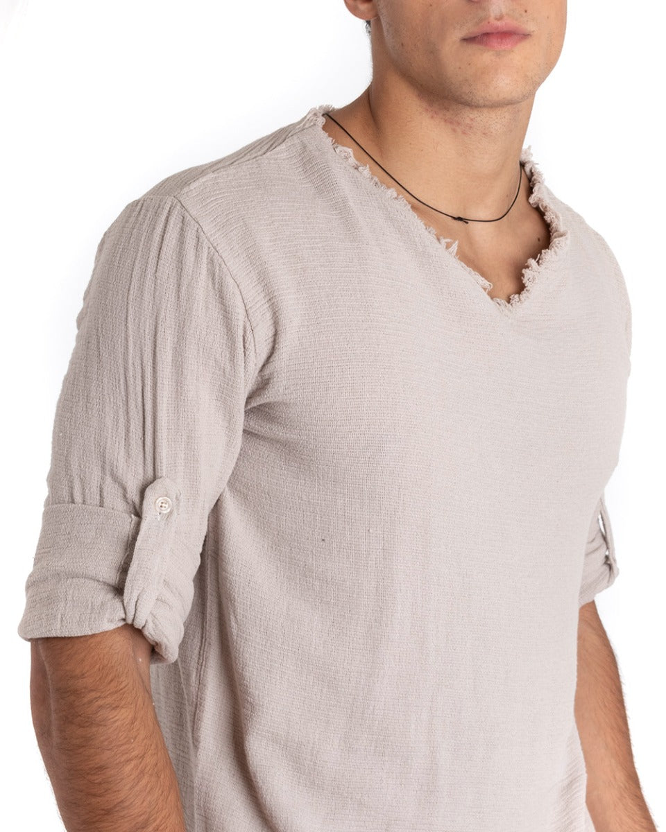 Camicia Uomo Collo V Manica Lunga Regular Fit Cotone Lino Sfrangiata Beige GIOSAL-C2405A