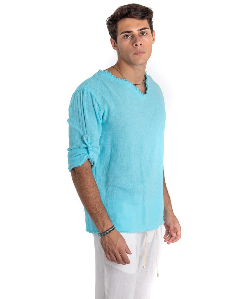 Camicia Uomo Collo V Manica Lunga Regular Fit Cotone Lino Sfrangiata Azzurro GIOSAL-C2407A