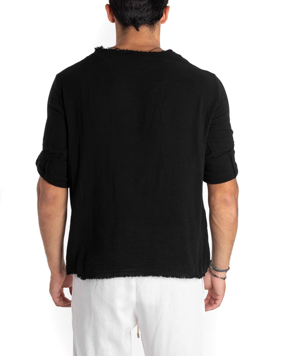 Camicia Uomo Collo V Manica Lunga Regular Fit Cotone Lino Sfrangiata Nero GIOSAL-C2409A
