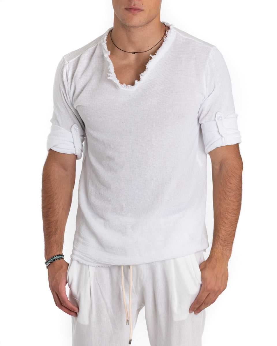 Camicia Uomo Collo V Manica Lunga Regular Fit Cotone Lino Sfrangiata Bianco GIOSAL-C2410A