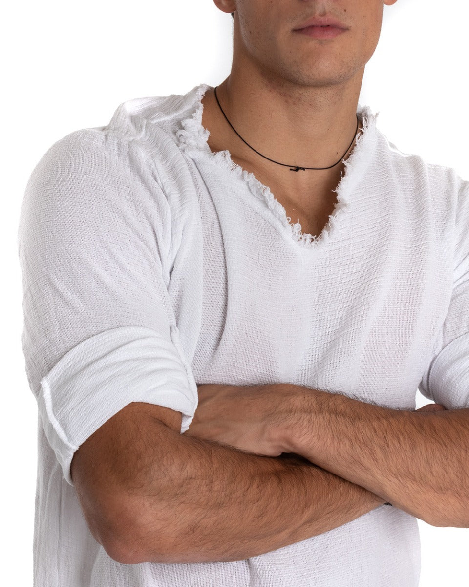 Camicia Uomo Collo V Manica Lunga Regular Fit Cotone Lino Sfrangiata Bianco GIOSAL-C2410A